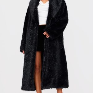 Black Glitter Faux Fur Maxi Coat