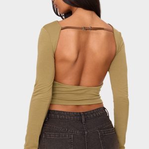 Olive Contour Jersey Buckle Detail Backless Long Sleeve Top