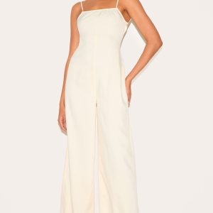 Cream Woven Backless Square Neck Wide Leg Jumpsuit