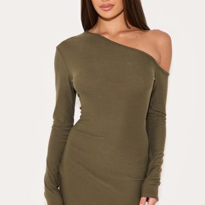 Khaki Soft Touch Asymmetric Bodycon Dress