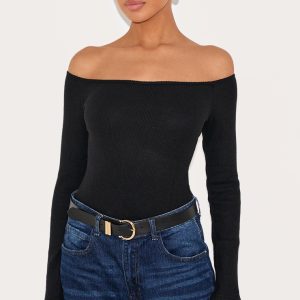 Black Brushed Rib Bardot Long Sleeve Bodysuit