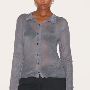 Charcoal Crushed Mesh Long Sleeve Fitted Shirt