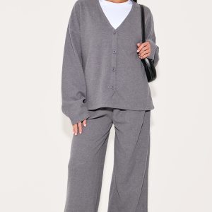 Charcoal Heavy Brushed Rib Slouchy Wide Leg Trousers