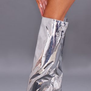 Silver Metallic Point Toe Knee High Heeled Boots
