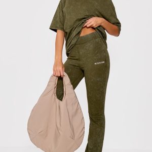 PRETTYLITTLETHING Khaki Print Washed High Waist Flared Trousers