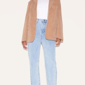 Light Blue Wash Front Split Long Leg Straight Jeans