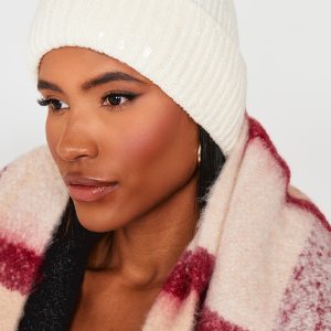Cream Sequin Rib Beanie