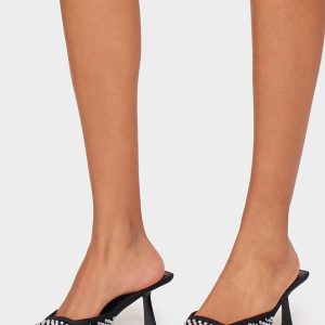 Black Diamante Mesh Point Toe Mid Stiletto Heeled Mules