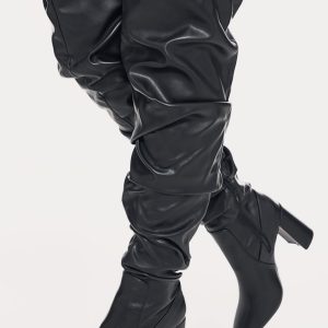 Black Pu Round Toe Ruched Over The Knee Block Heeled Boots