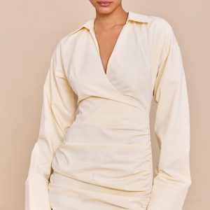 Butter Yellow Plunge Deep Cuff Shirt Dress