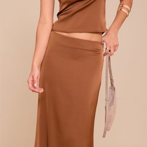 Chocolate Satin Mid Rise Maxi Skirt
