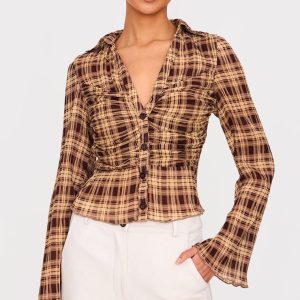Brown Plisse Chiffon Check Blouse