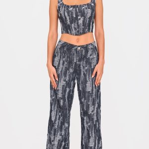 Black Jacquard Style Wide Leg Jeans