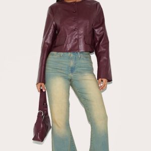 Petite Burgundy Faux Leather Boxy Jacket