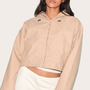 Beige Pu Faux Leather Cropped Hooded Jacket