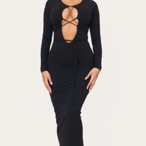 Shape Black Sculpt Plunge Front Strappy Waist Long Sleeve Maxi Dress