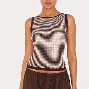 Chocolate Stripe Waffle Knit Boat Neck Top