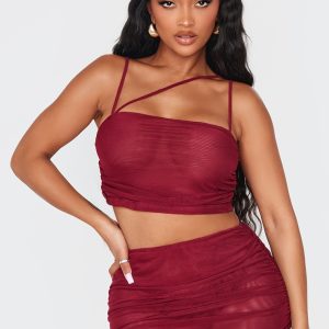 Shape Burgundy Mesh Strappy Ruched Crop Top