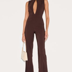 Dark Chocolate Stretch Woven Collared Gold Trim Straight Leg Jumpsuit