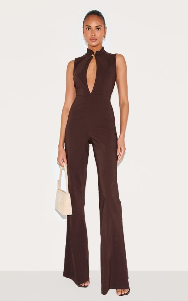 24230ea5ca32b31f559d040028e3c85d259bd7e1_CNM3119_1_dark_chocolate_stretch_woven_collared_gold_trim_straight_leg_jumpsuit