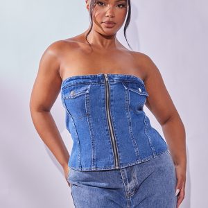 Plus Mid Blue Wash Bandeau Zip Up Denim Corset