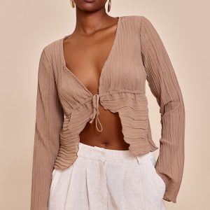 Mushroom Sheer Plisse Tie Front Flute Sleeve Blouse