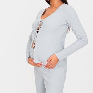Maternity Grey Marl Brushed Rib Long Sleeve Tie Front Top