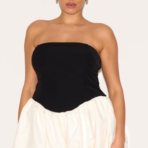 Plus Black Contrast Woven Bandeau Puffball Playsuit