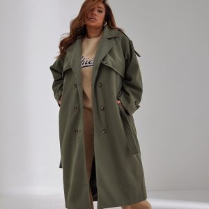 Plus Khaki Oversized Double Breasted Military Trim Coat