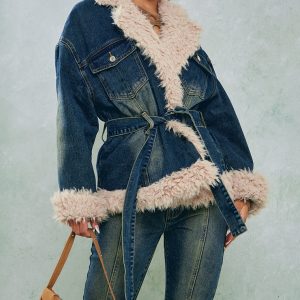 Indigo Vintage Wash Borg Contrast Tie Waist Denim Jacket
