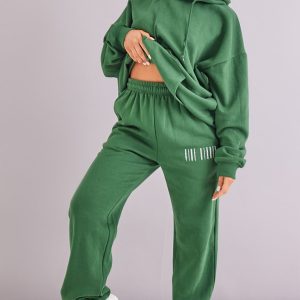Forest Green Slogan Printed Cuffed High Waist Joggers