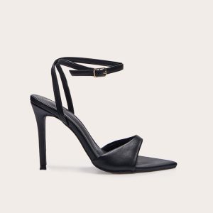 Black PU Point Toe High Stiletto Heeled Sandals