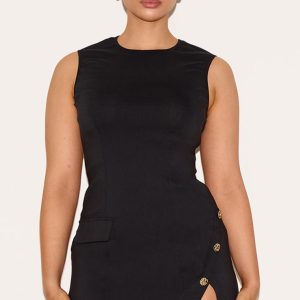 Shape Black Stretch Woven Boat Neck Side Split Hammered Button Mini Dress