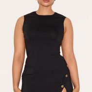 24d492988511c4e0271dbd92395313ebcf6ba554_CNM0743_1_shape_black_stretch_woven_boat_neck_side_split_hammered_button_mini_dress