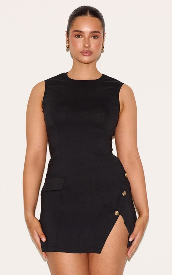 24d492988511c4e0271dbd92395313ebcf6ba554_CNM0743_1_shape_black_stretch_woven_boat_neck_side_split_hammered_button_mini_dress