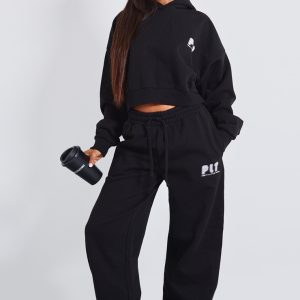 Petite Premium Black Printed Straight Leg Joggers