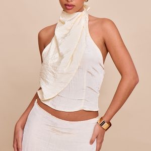 Butter Yellow Textured Woven Halterneck Top