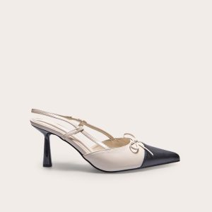 Black and Cream Pu Point Toe Bow Detail High Stiletto Court Heels