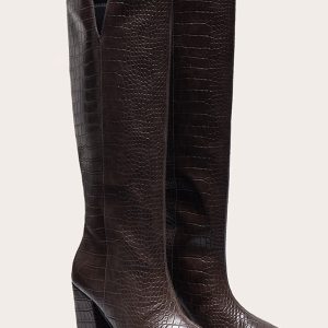 Chocolate Croc PU Point Toe Block Heeled Knee High Boots
