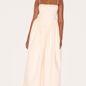 Cream Premium Ruched Corset Detail Wide Leg Jumpsuit