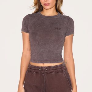 Chocolate Washed Cotton Longline Fitted T-shirt