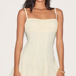 Lemon Broderie Strappy Pleated Shift Dress