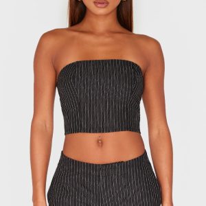 Black Tailored Woven Glitter Pinstripe Bandeau Top