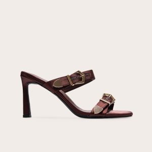 Chocolate Satin Wide Fit Square Toe Buckle Strap High Stiletto Heeled Mules
