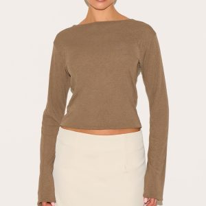 Mushroom Onion Skin Boatneck Flute Sleeve Long Top