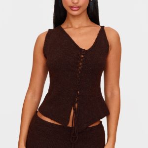Petite Chocolate Knit Lace Up Detail Long Top