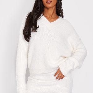 Tall Oatmeal Fluffy Knitted V Neck Jumper