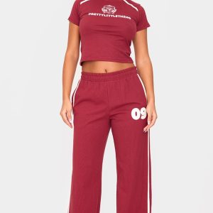 Petite Burgundy Sports Graphic Straight Leg Trousers