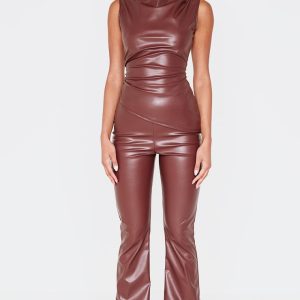 Chocolate Faux Leather High Waisted Flares