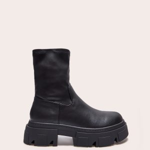 Black Pu Textured Extreme Cleated Sole Ankle Sock Boots